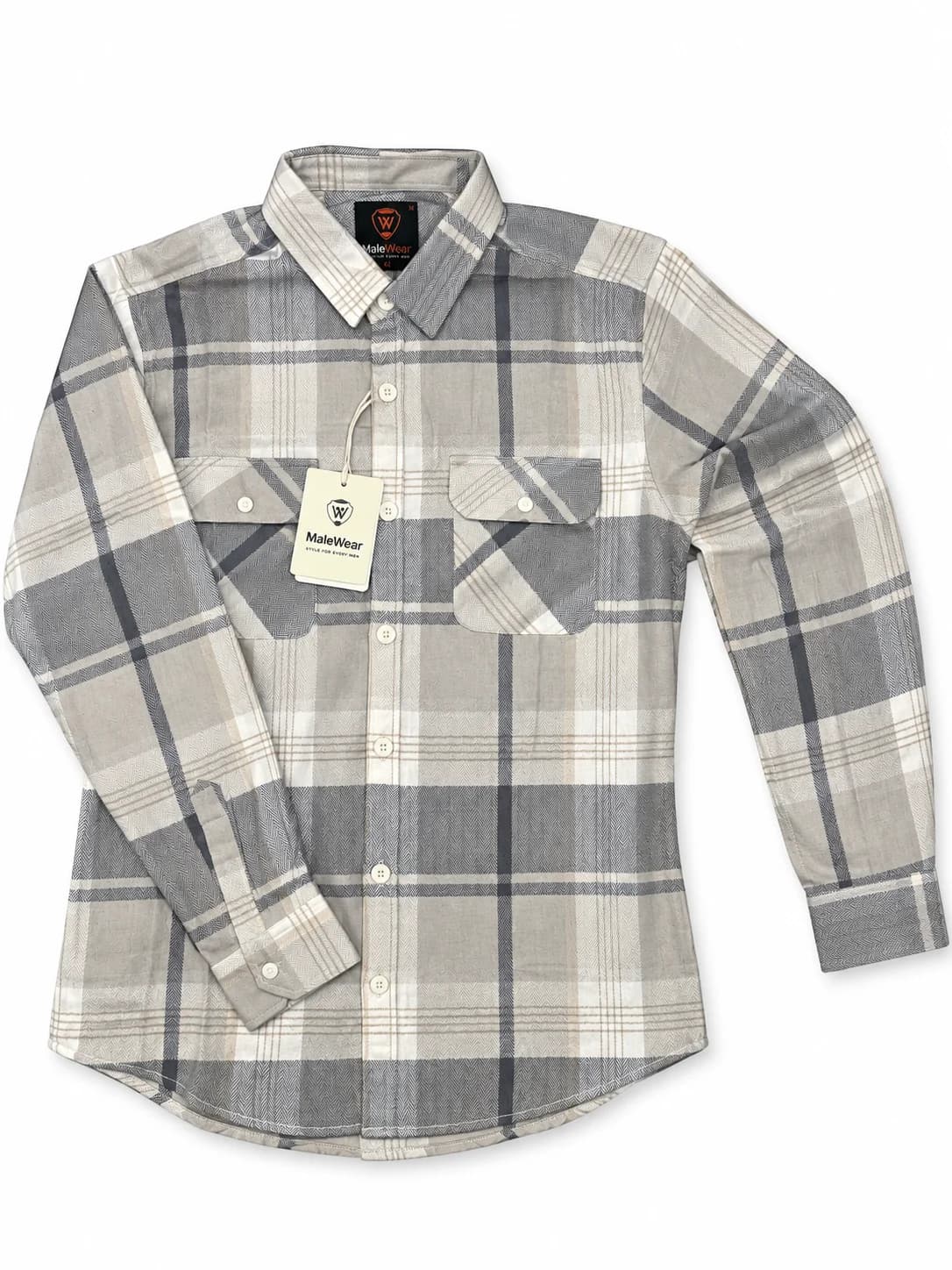 MaleWear Premium Men's Grey and Cream Checkered Full Sleeve Shirt with Double Flap Chest Pockets, Classic Collar and White Buttons – Front View